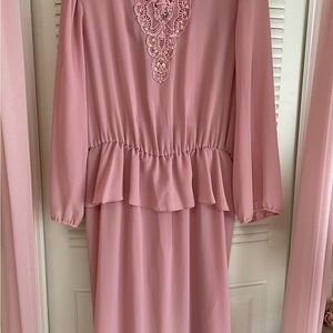 Pink Ruffled Peplum Sheath Dress with Bishop Sleeves
